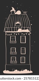 hand drawn Christmas house, black and white graphics of house, line illustrations of house with snow, stencils of winter houses, hand drawn doodle buildings