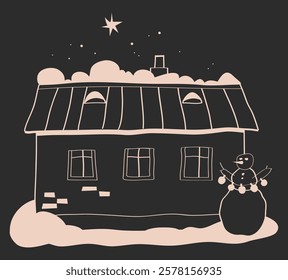 hand drawn Christmas house, black and white graphics of house, line illustrations of house with snow, stencils of winter houses, hand drawn doodle buildings