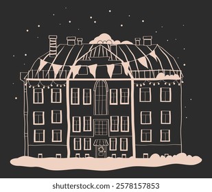 hand drawn Christmas house, black and white graphics of house, line illustrations of house with snow, stencils of winter houses, hand drawn doodle buildings