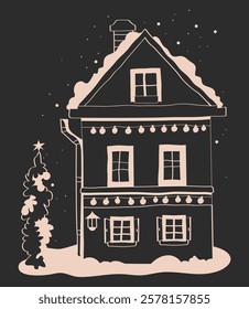 hand drawn Christmas house, black and white graphics of house, line illustrations of house with snow, stencils of winter houses, hand drawn doodle buildings