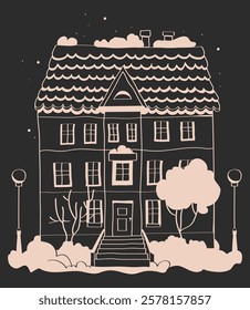 hand drawn Christmas house, black and white graphics of house, line illustrations of house with snow, stencils of winter houses, hand drawn doodle buildings