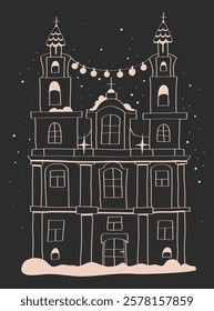 hand drawn Christmas house, black and white graphics of house, line illustrations of house with snow, stencils of winter houses, hand drawn doodle buildings