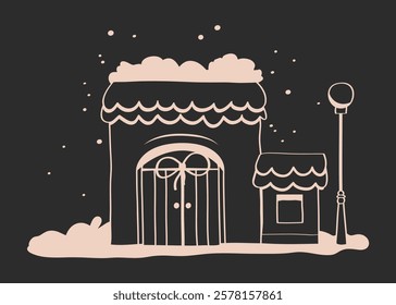 hand drawn Christmas house, black and white graphics of house, line illustrations of house with snow, stencils of winter houses, hand drawn doodle buildings