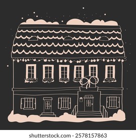 hand drawn Christmas house, black and white graphics of house, line illustrations of house with snow, stencils of winter houses, hand drawn doodle buildings