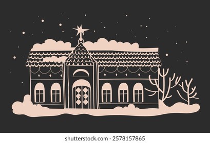 hand drawn Christmas house, black and white graphics of house, line illustrations of house with snow, stencils of winter houses, hand drawn doodle buildings