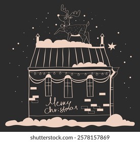 hand drawn Christmas house, black and white graphics of house, line illustrations of house with snow, stencils of winter houses, hand drawn doodle buildings