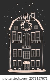 hand drawn Christmas house, black and white graphics of house, line illustrations of house with snow, stencils of winter houses, hand drawn doodle buildings