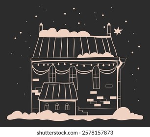 hand drawn Christmas house, black and white graphics of house, line illustrations of house with snow, stencils of winter houses, hand drawn doodle buildings