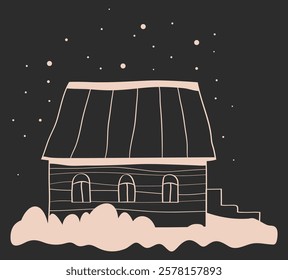 hand drawn Christmas house, black and white graphics of house, line illustrations of house with snow, stencils of winter houses, hand drawn doodle buildings