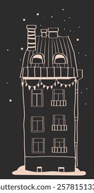 hand drawn Christmas houses, black and white graphics of houses, line illustrations of houses with snow, stencils of winter houses