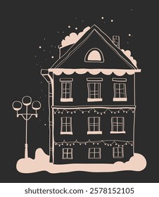 hand drawn Christmas houses, black and white graphics of houses, line illustrations of houses with snow, stencils of winter houses