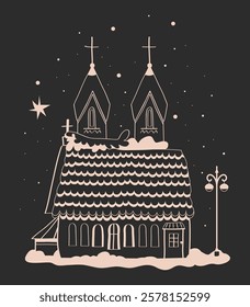 hand drawn Christmas houses, black and white graphics of houses, line illustrations of houses with snow, stencils of winter houses