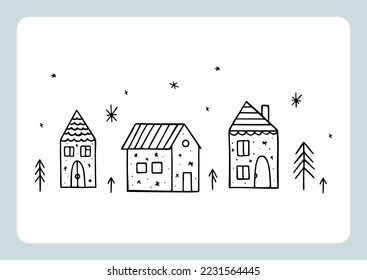 Hand drawn Christmas houses with snowflakes and pine trees isolated on white. Festive outline elements. Winter wonderland. Holiday vector design for prints and posters. New Year celebration concept