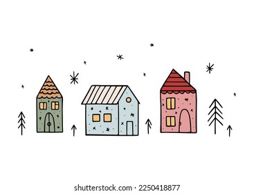 Hand drawn Christmas houses with snowflakes and pine trees isolated on white. Festive colorful elements. Winter wonderland. Holiday vector design for prints and posters. New Year celebration concept