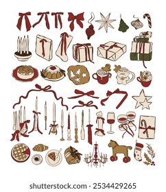 Hand drawn Christmas icons illustration. Sketch whimsy style winter party and picnic elements. Vectors of bows, croissant, tree toys for invitations, menus and parties. La dolce vita italian