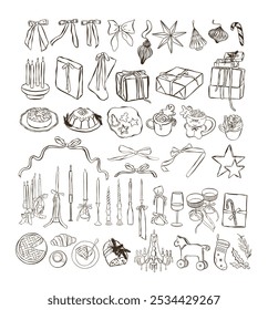 Hand drawn Christmas icons illustration. Sketch whimsy style winter party and picnic elements. Vectors of bows, croissant, tree toys for invitations, menus and parties. La dolce vita italian