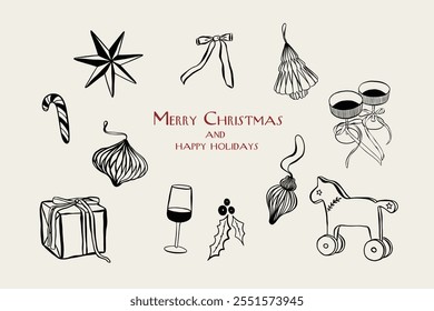 Hand drawn Christmas icons illustration. Sketch whimsy style winter party and picnic elements. Vectors of bows, candle, tree toys for invitations, menus and parties. La dolce vita italian