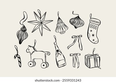 Hand drawn Christmas icons illustration. Sketch whimsy style winter elements. Vectors of bows, tree toys. Good for invitations, menus and parties. La dolce vita italian