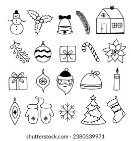 Hand drawn Christmas icons isolated on black background. Illustration in doodle style.