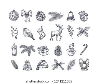 Hand Drawn Christmas Icons Set. A Collection of Winter Holiday New Year Sketches. Engraving Style Xmas Drawings. Isolated.