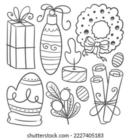 Hand drawn Christmas icons set in cartoon style for coloring