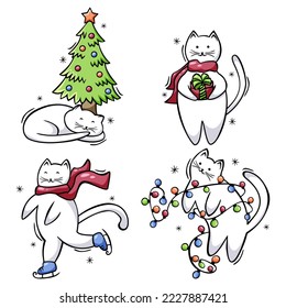 Hand drawn Christmas icons set of cute cat in doodle sketch style. Christmas cat. Vector illustration for icon, background, frame design.