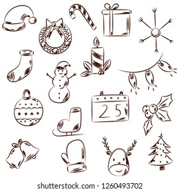 Hand drawn Christmas icons. Hand drawn vector Santa's hat, wreath, candy, gift, snowflake, sock, snowman, candle, lights, ball, skates, mistletoe, calendar, tree, mitten, bell, deer