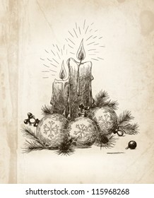 Hand drawn Christmas illustration with baubles, fir branches and candles