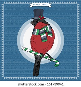 Hand Drawn Christmas Illustration of Bullfinch in Top Hat and Striped Scarf