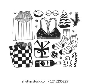 Hand drawn Christmas illustration. Creative ink art work. Actual cozy vector drawing. Winter set of Holidays things, accessories, decoration, food, drinks, wear