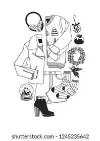 Hand drawn Christmas illustration. Creative ink art work. Actual cozy vector drawing. Winter set of Holidays things, accessories, decoration, food, drinks, wear