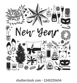 Hand drawn Christmas illustration. Creative ink art work. Actual cozy vector drawing Happy New Year. Winter set of Holidays things, accessories, decoration, food, drinks