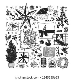 Hand drawn Christmas illustration. Creative ink art work. Actual cozy vector drawing. Winter set of Holidays things, accessories, decoration, food, drinks