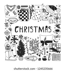 Hand drawn Christmas illustration. Creative ink art work. Actual cozy vector drawing. Winter set of Holidays things, accessories, decoration, food, drinks