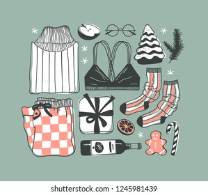 Hand drawn Christmas illustration. Creative ink art work. Actual cozy vector drawing. Winter set of Holidays things, accessories, decoration, food, drinks, wear