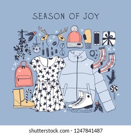 Hand drawn Christmas illustration. Creative ink art work. Actual cozy vector drawing. Winter set of Holidays things, accessories, decoration, food, drinks, wear