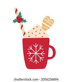 Hand drawn Christmas illustration. A cup of hot chocolate or coffee with cream. Hot drink garnished with holly berries and candy. Flat illustration. Vector on white isolated background.