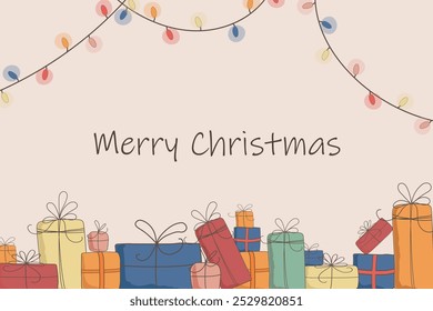 Hand drawn Christmas illustration in doodle style. Colorful presents and garland in cartoon stylization. New Year background with presents and gift boxes