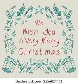 Hand drawn Christmas illustration with festive elements like trees, holly, bells, candy canes, and gifts surrounding the text 'We Wish You A Very Merry Christmas.' Perfect for holiday designs