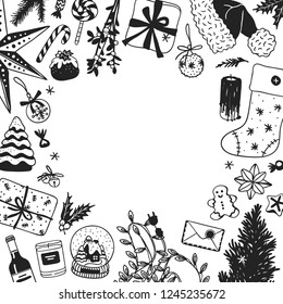 Hand drawn Christmas illustration frame. Creative ink art work. Actual cozy vector drawing. Winter set of Holidays things, accessories, decoration, food, drinks