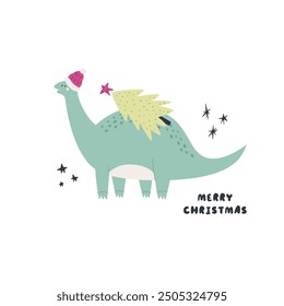 Hand drawn Christmas illustration with funny dinosaur diplodocus. Good for greeting cards, t-shirt designs, prints