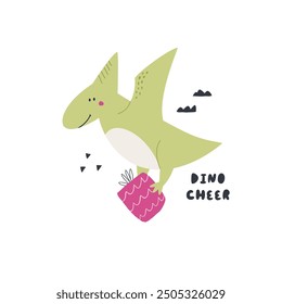 Hand drawn Christmas illustration with funny dinosaur pterodactyl. Good for greeting cards, t-shirt designs, prints