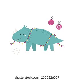 Hand drawn Christmas illustration with funny dinosaur Hand drawn Christmas illustration with funny dinosaur triceratops. Good for greeting cards, t-shirt designs, prints