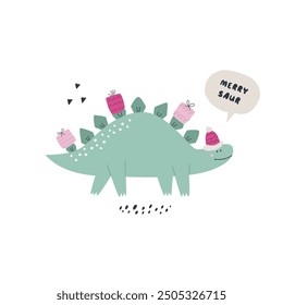 Hand drawn Christmas illustration with funny dinosaur stegosaurus. Good for greeting cards, t-shirt designs, prints