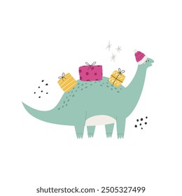 Hand drawn Christmas illustration with funny dinosaur. Good for greeting cards, t-shirt designs, prints