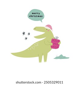 Hand drawn Christmas illustration with funny dinosaur tyrannosaur. Good for greeting cards, t-shirt designs, prints
