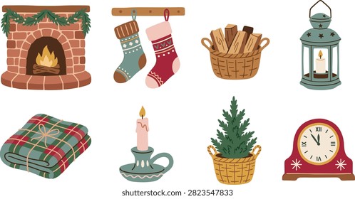 Hand drawn Christmas illustration set featuring a fireplace, stockings, firewood, lantern, blanket, candle, evergreen tree, and mantel clock. Ideal for holiday cards, seasonal invitations, winter posters, stickers, and festive decorations.