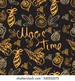 Hand drawn Christmas illustration. Vector seamless background. Ink elements.