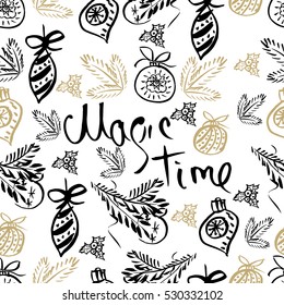 Hand drawn Christmas illustration. Vector seamless background. Ink elements. For pattern fills, gift wrap, print, textile, wall papers, covers.