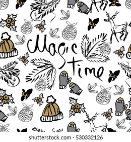 Hand drawn Christmas illustration. Vector seamless background. Ink elements. For pattern fills, gift wrap, print, textile, wall papers, covers.